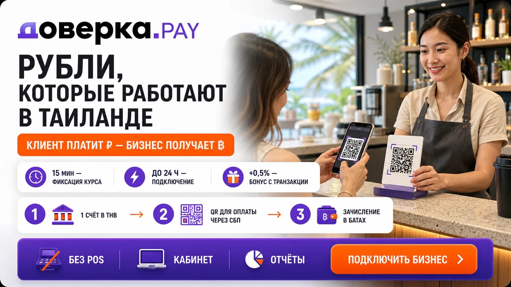 Doverka Pay — Клиент платит ₽. Бизнес получает ฿.